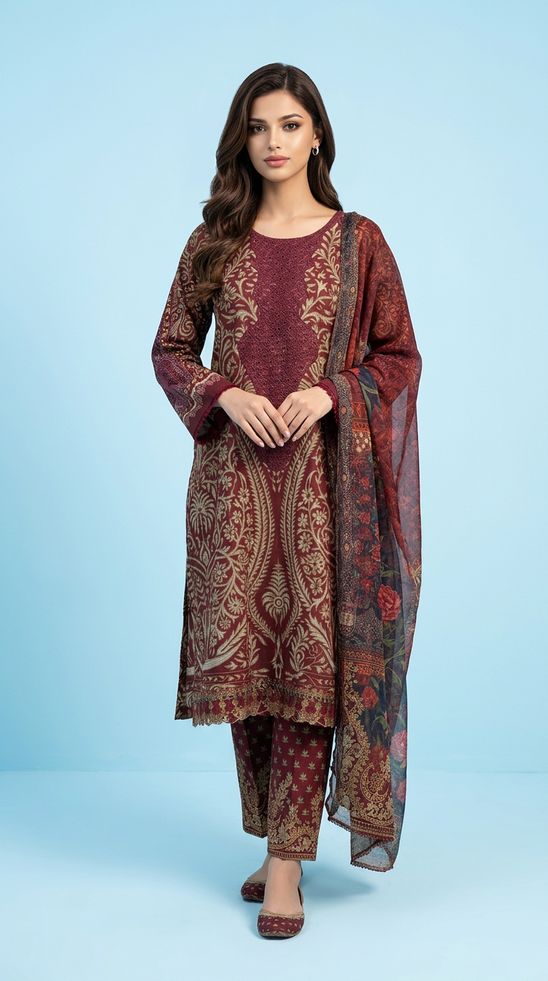 Printed Embroidered Lawn Suit - Maroon Golden / HC001971 view 5