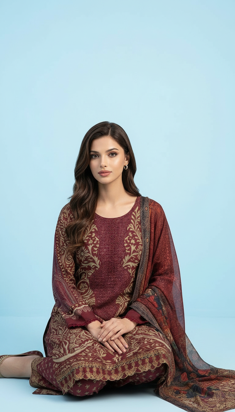 Printed Embroidered Lawn Suit - Maroon Golden / HC001971 view 4
