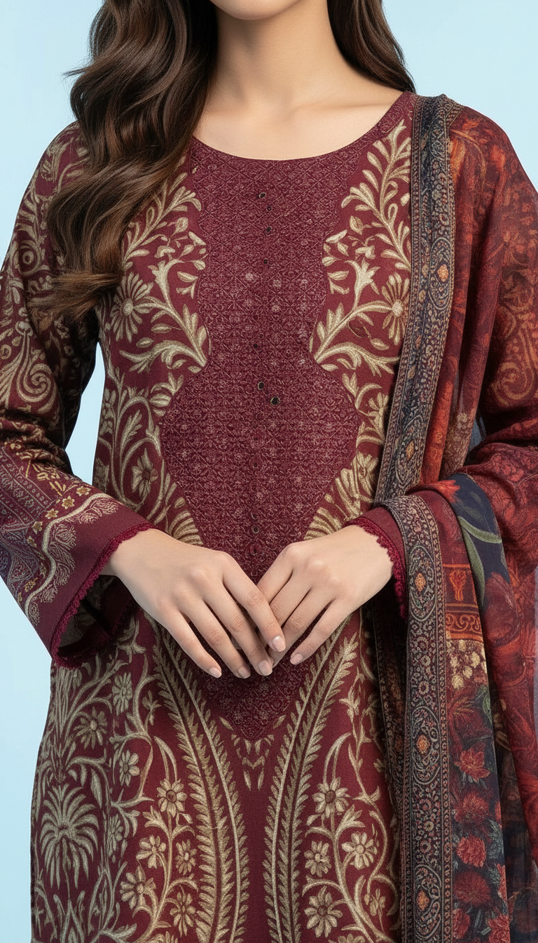 Printed Embroidered Lawn Suit - Maroon Golden / HC001971 view 3