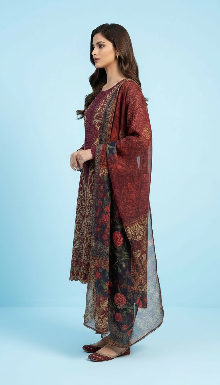Printed Embroidered Lawn Suit - Maroon Golden / HC001971 view 2