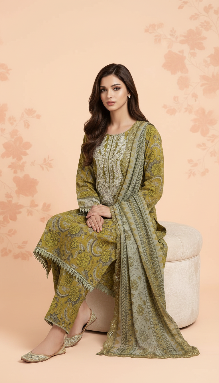 Lawn Embroidered Stitch Suit - Mehndi / HC001971 view 5