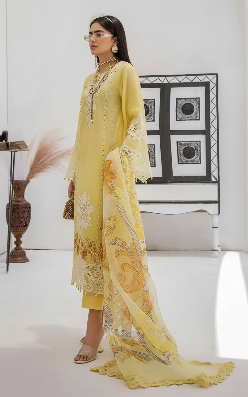 Azure Embroidered Lawn Stitch Suit Golden Yolk 02 – DF0015 view 5