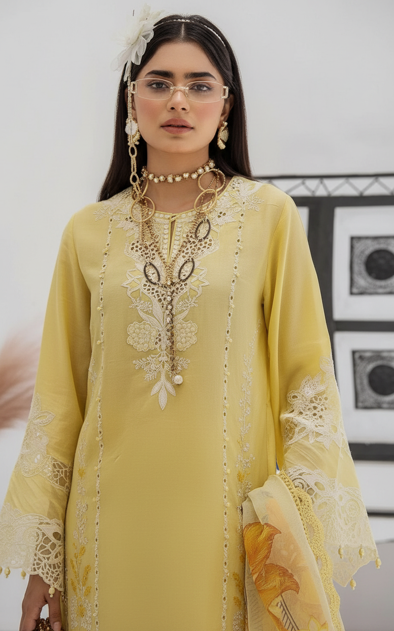 Azure Embroidered Lawn Stitch Suit Golden Yolk 02 – DF0015 view 2