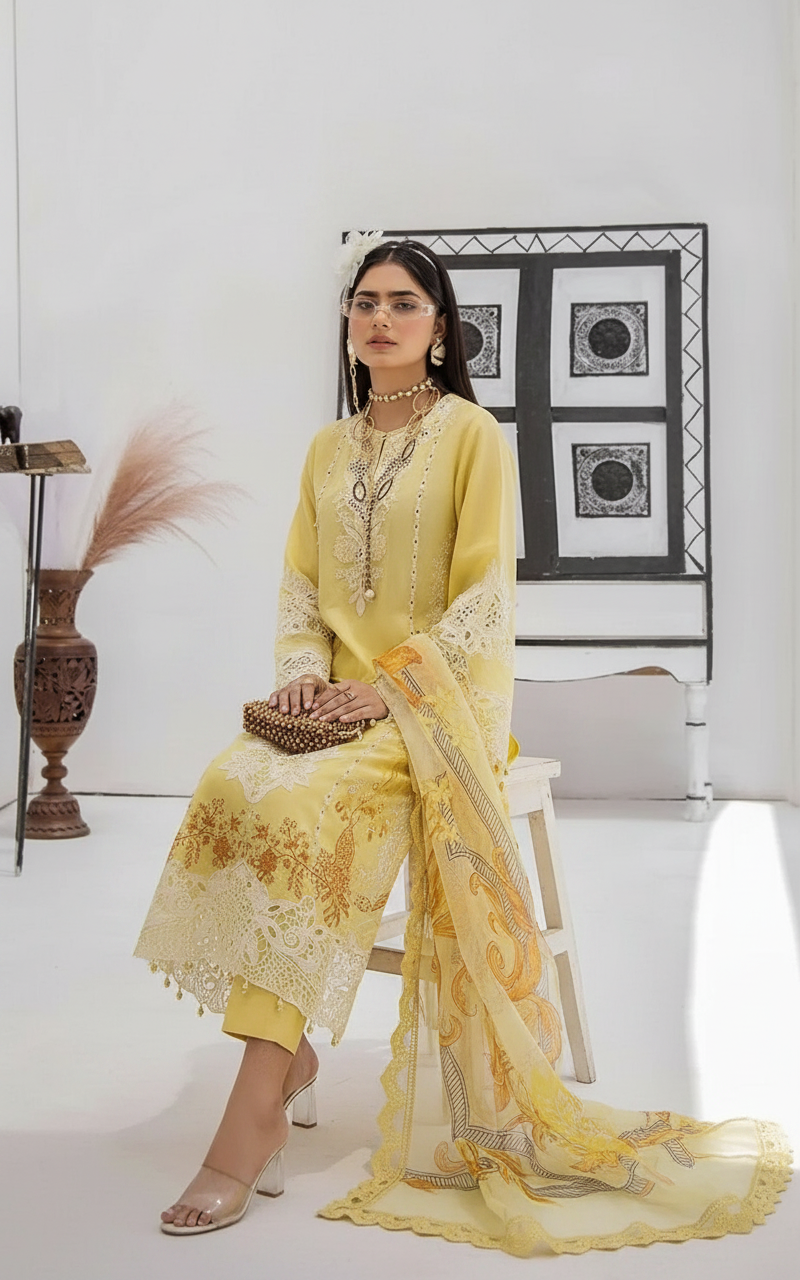 Azure Embroidered Lawn Stitch Suit Golden Yolk 02 – DF0015 view 3