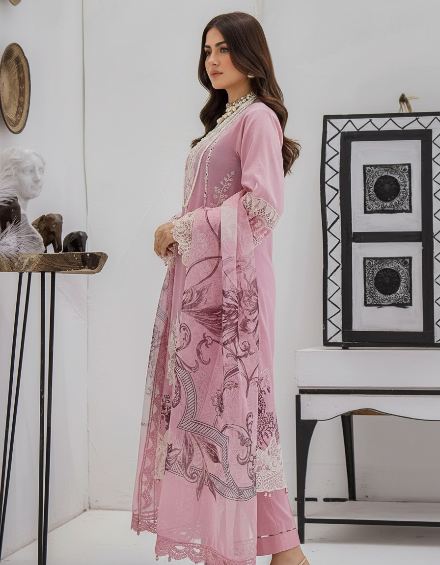 Azure Embroidered Lawn Stitch Suit Pink Petal 04 –  DF0015 view 2