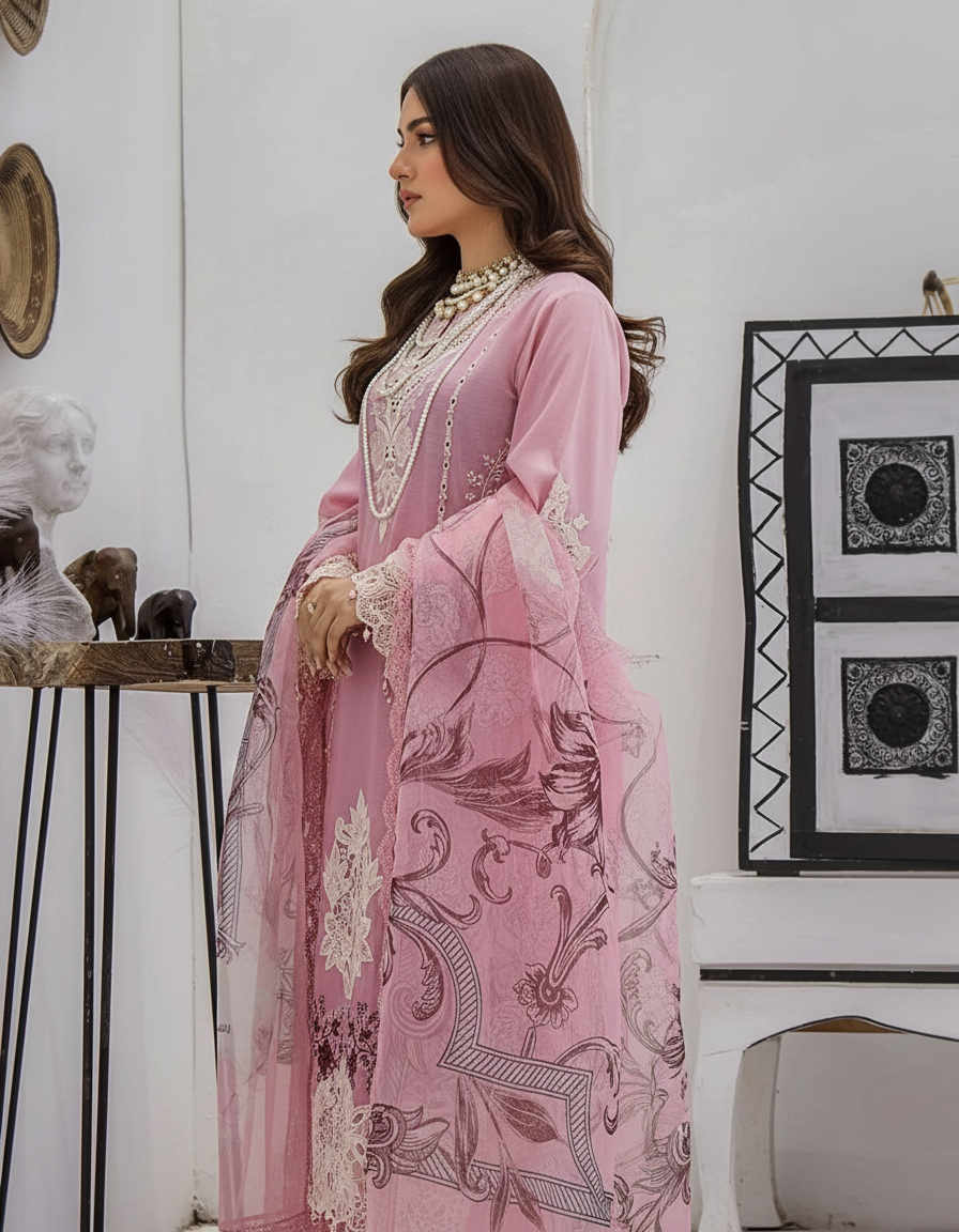 Azure Embroidered Lawn Stitch Suit Pink Petal 04 –  DF0015 view 3