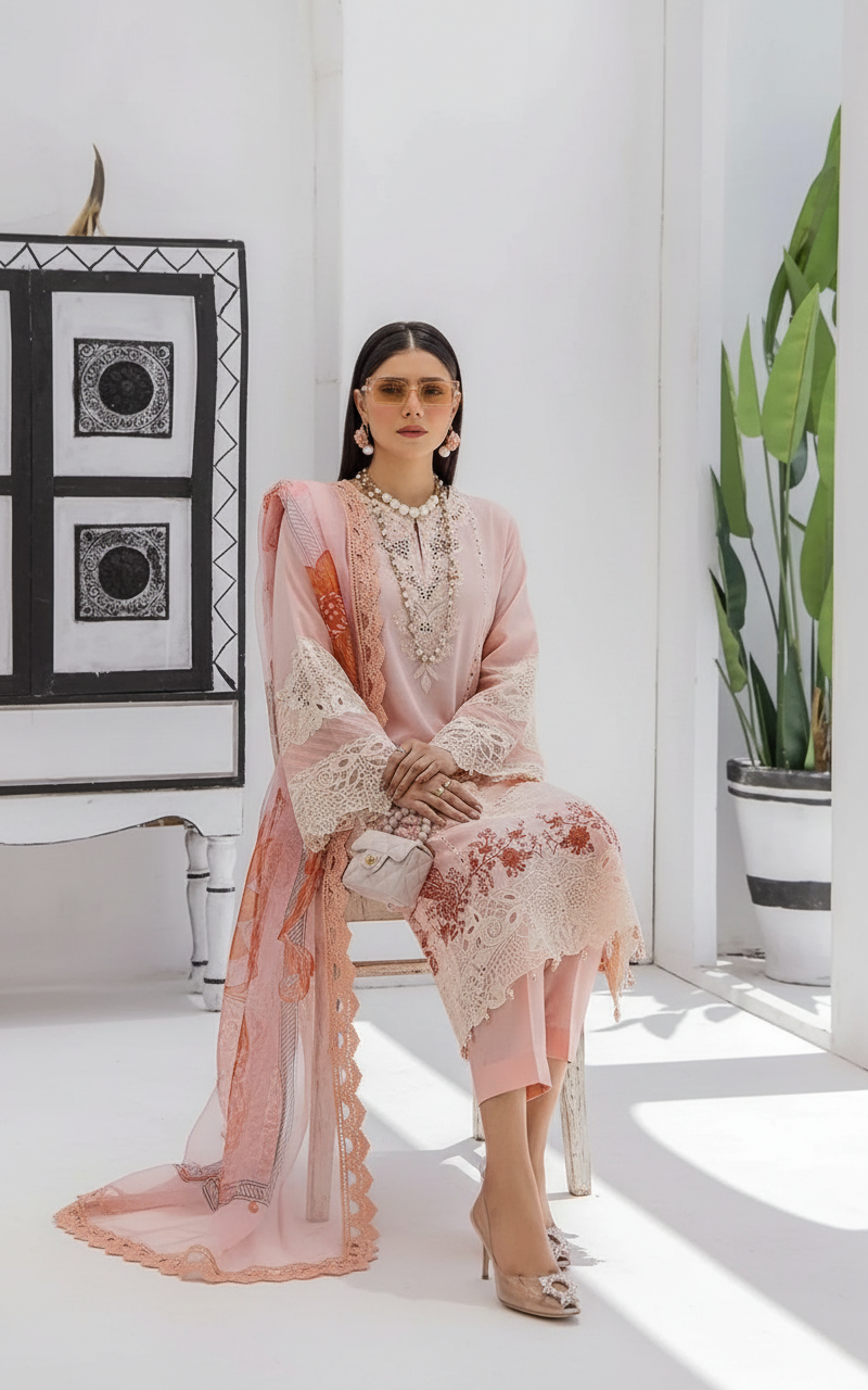 Azure Embroidered Lawn Stitch Suit Coral Dream 05 –DF0015 view 5