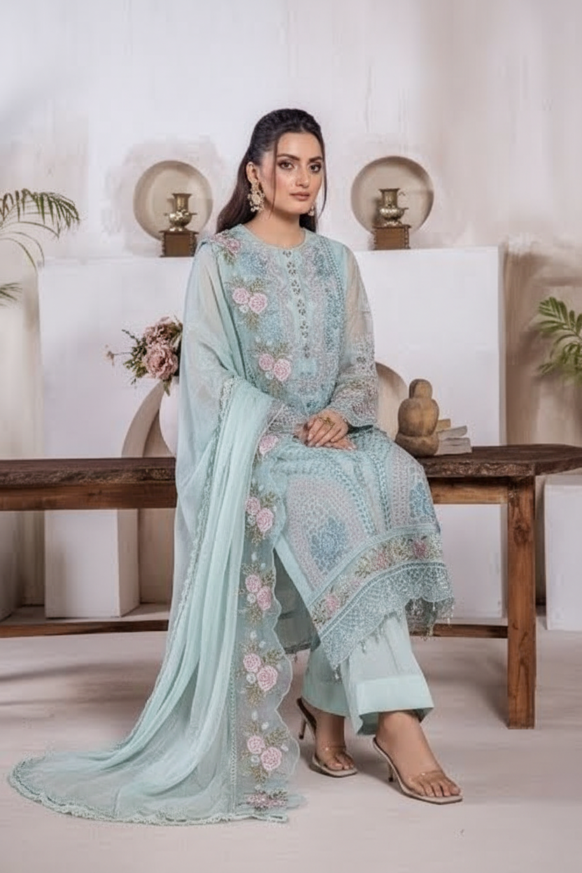 RIWAYAT Embroidered Organza Ready To Wear  Pestle Green / DF0006 view 5