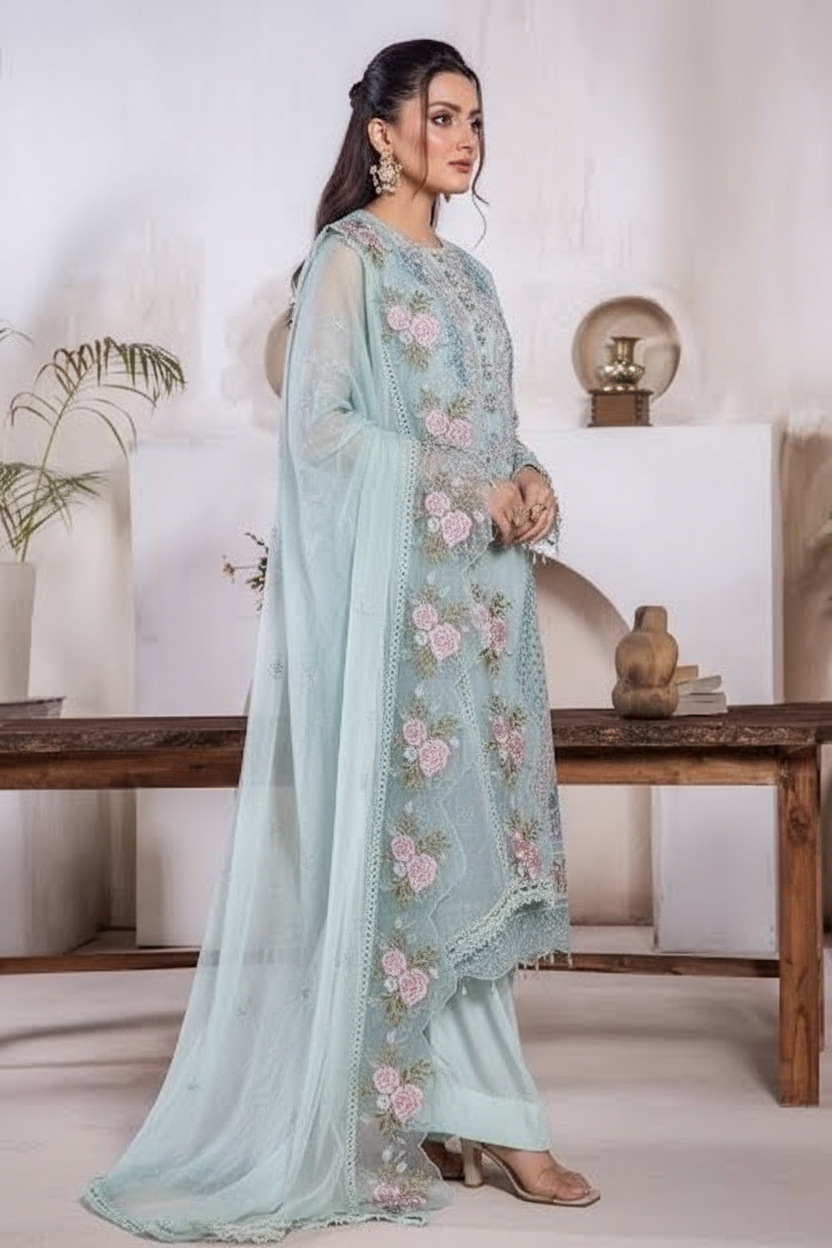 RIWAYAT Embroidered Organza Ready To Wear  Pestle Green / DF0006 view 2