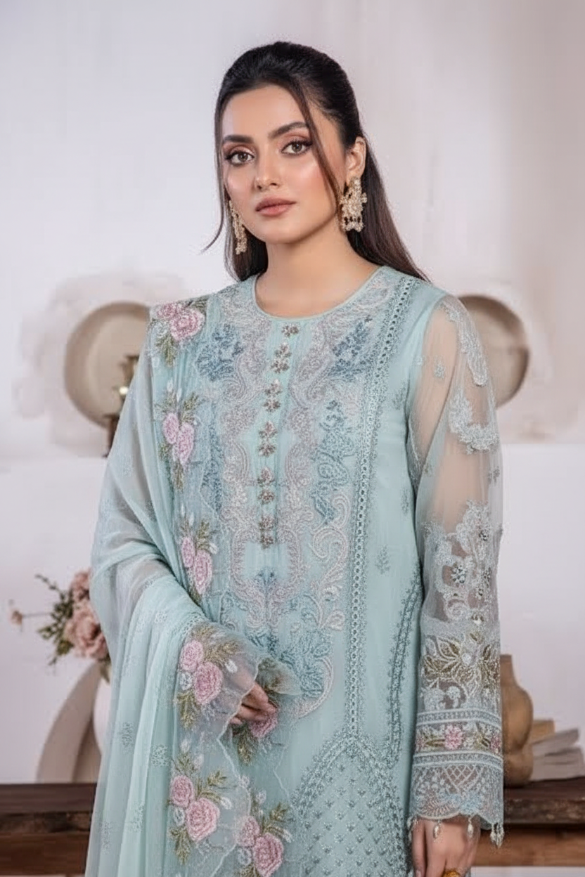 RIWAYAT Embroidered Organza Ready To Wear  Pestle Green / DF0006 view 4