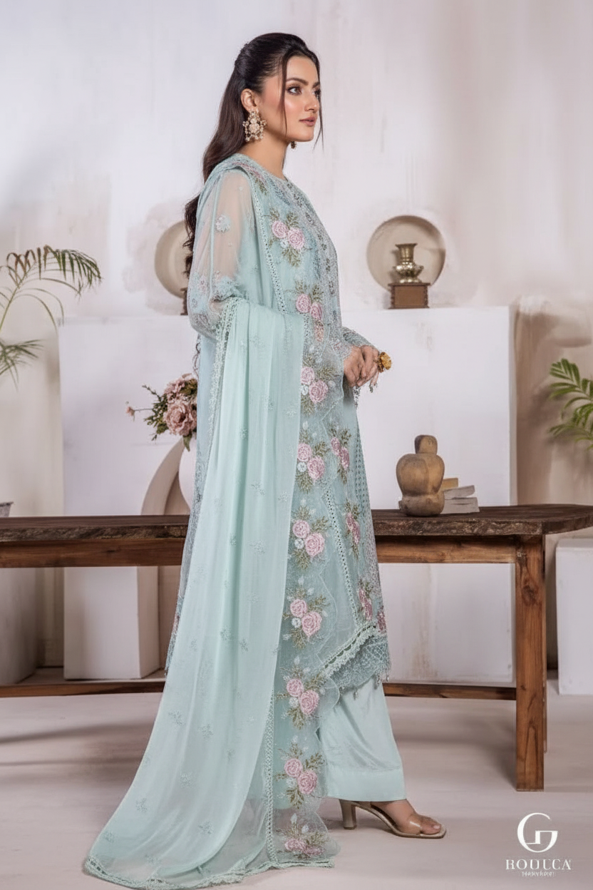 RIWAYAT Embroidered Organza Ready To Wear  Pestle Green / DF0006 view 3