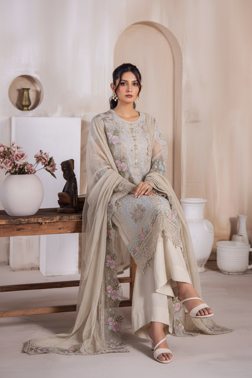 RIWAYAT Embroidered Organza Ready To Wear Dusty Golden / DF0006 view 4