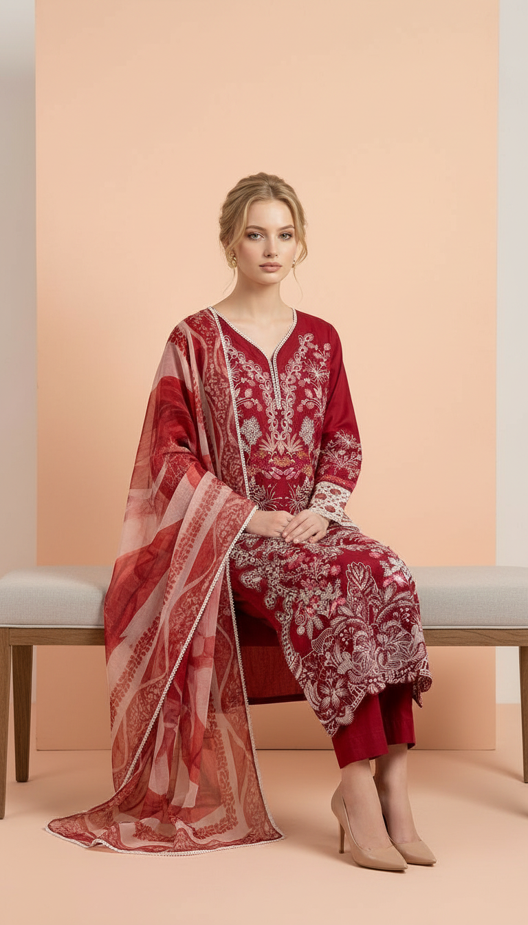 Heavy Embroidered Lawn Suit With Organza Dupatta - Rust / view 4