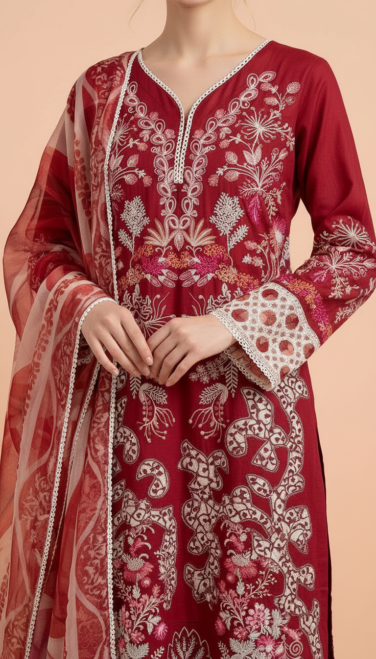 Heavy Embroidered Lawn Suit With Organza Dupatta - Rust / view 3