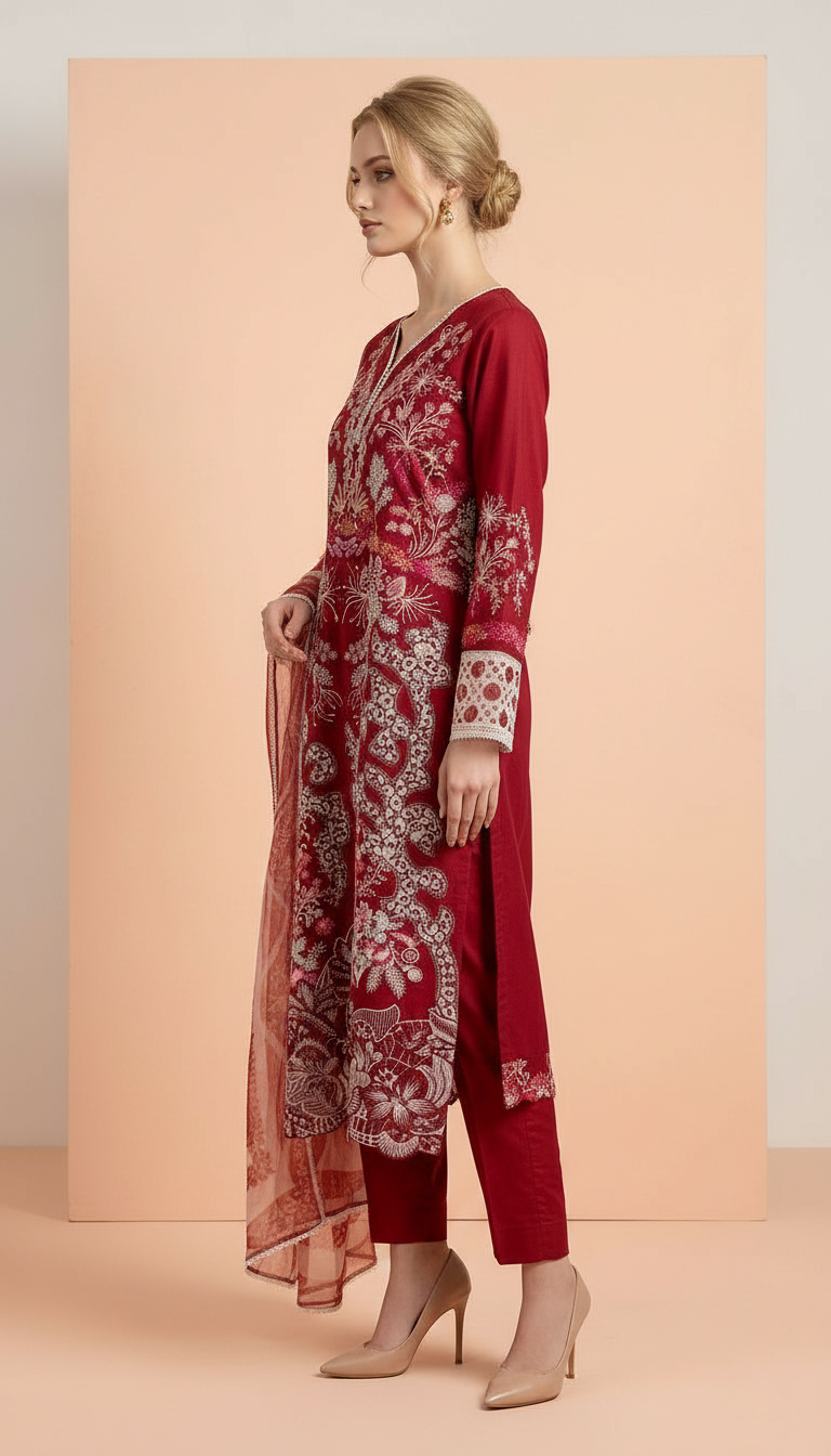 Heavy Embroidered Lawn Suit With Organza Dupatta - Rust / view 2