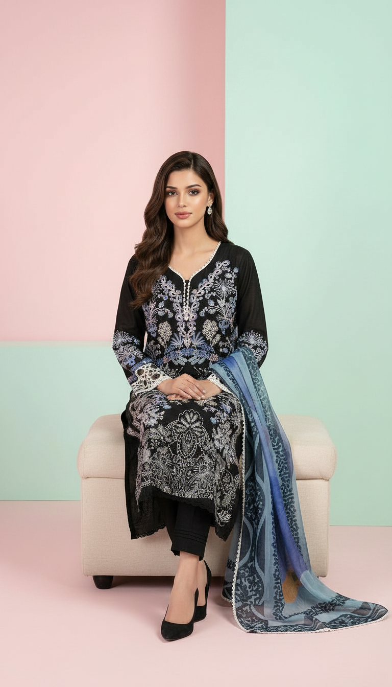 Heavy Embroidered Lawn With Organza Dupatta Stitch Suit - Dark Black view 5