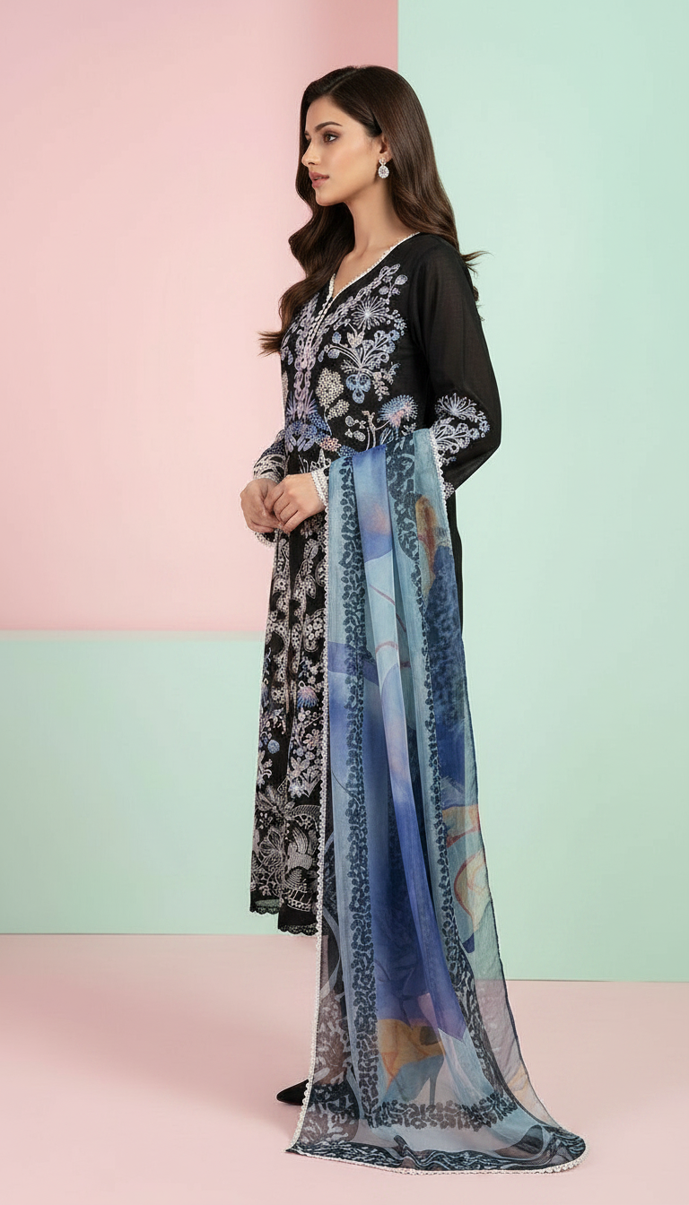 Heavy Embroidered Lawn With Organza Dupatta Stitch Suit - Dark Black view 2