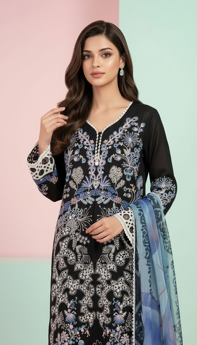 Heavy Embroidered Lawn With Organza Dupatta Stitch Suit - Dark Black view 4