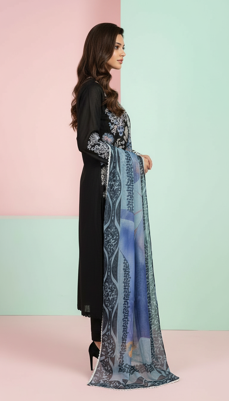Heavy Embroidered Lawn With Organza Dupatta Stitch Suit - Dark Black view 3