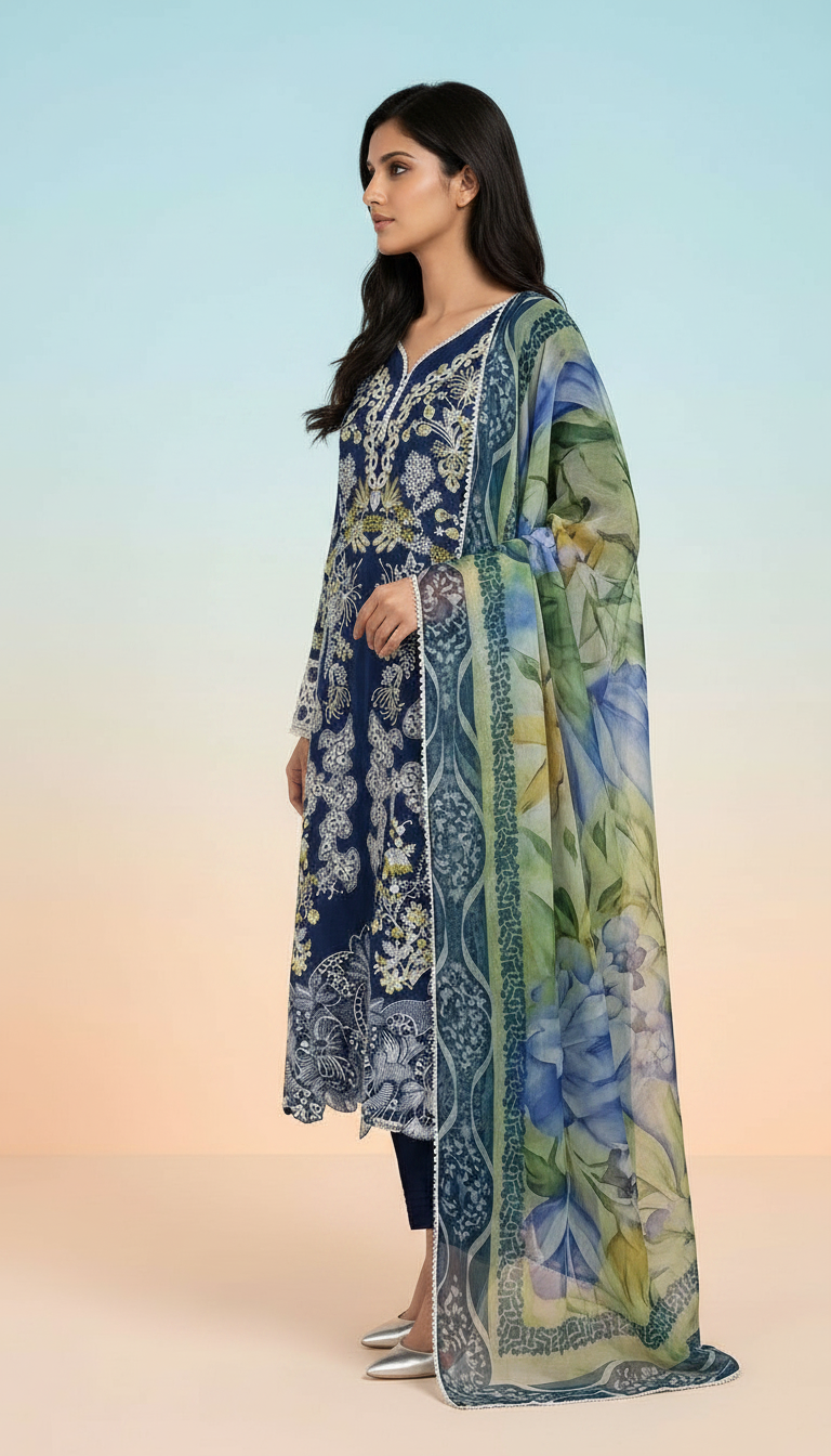 Heavy Embroidered Lawn Stitch Suit With Organza Dupatta - Nevy Blue view 2