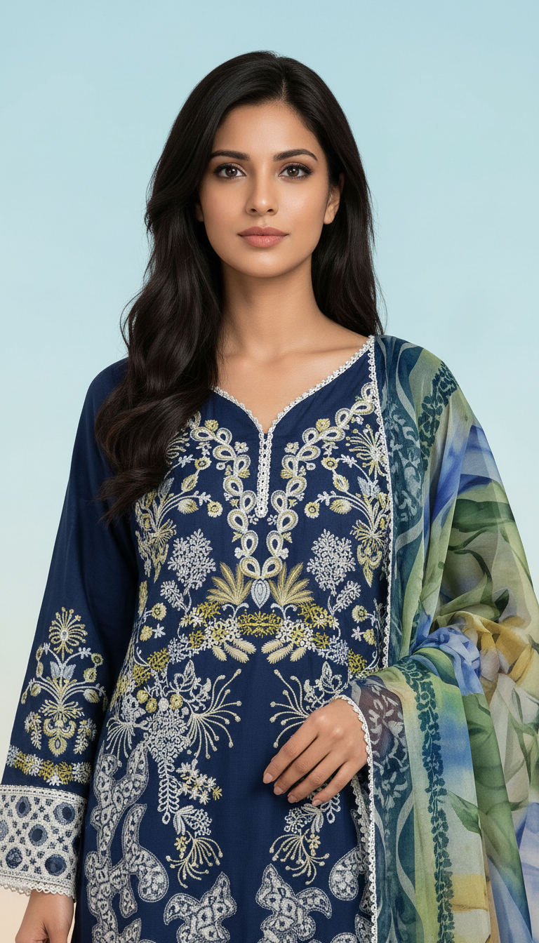 Heavy Embroidered Lawn Stitch Suit With Organza Dupatta - Nevy Blue view 4