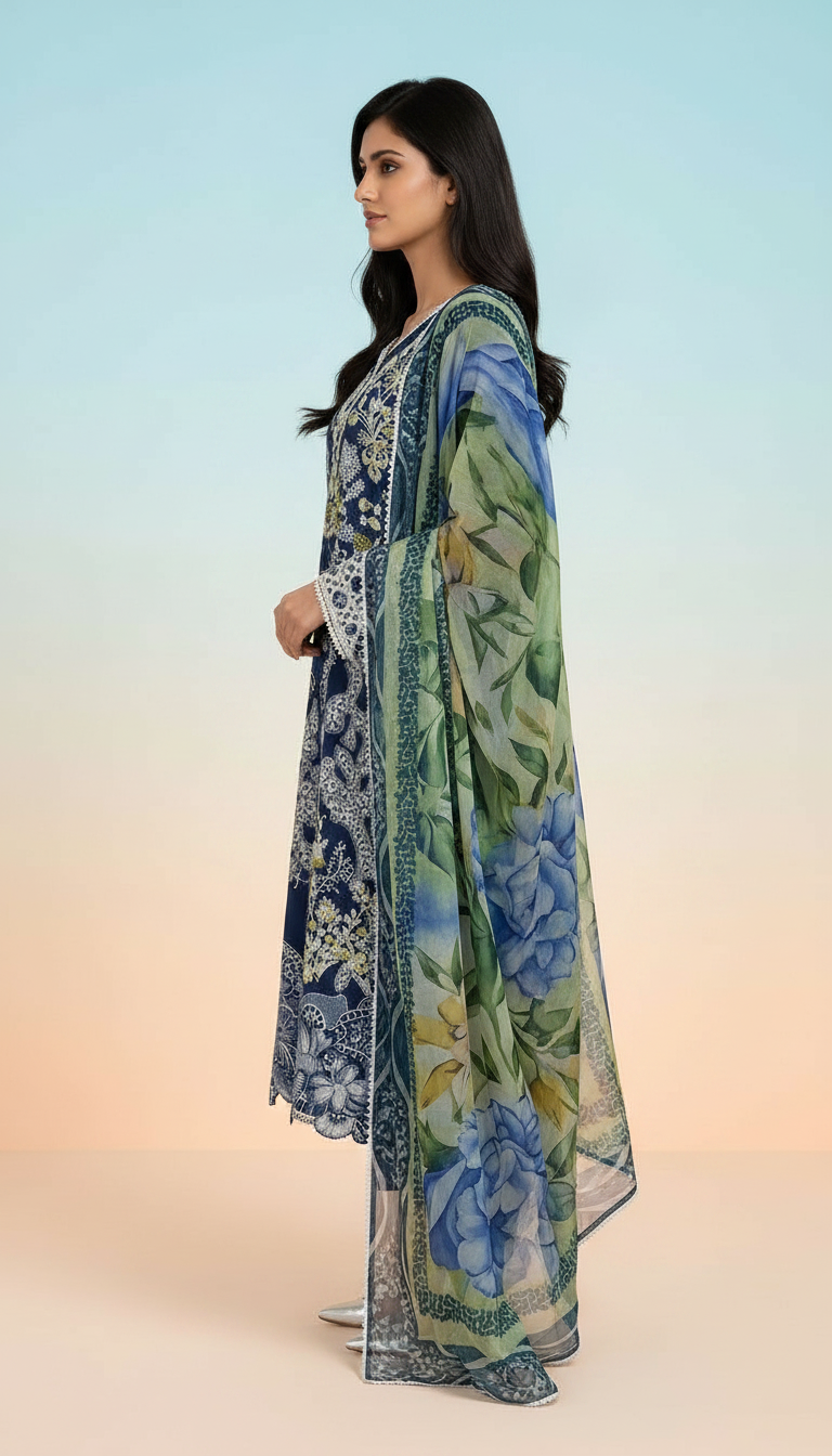 Heavy Embroidered Lawn Stitch Suit With Organza Dupatta - Nevy Blue view 3