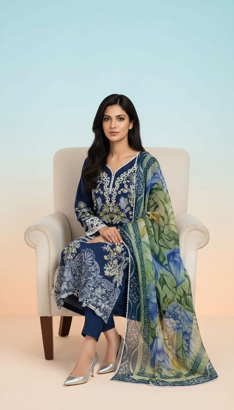 Heavy Embroidered Lawn Stitch Suit With Organza Dupatta - Nevy Blue view 5