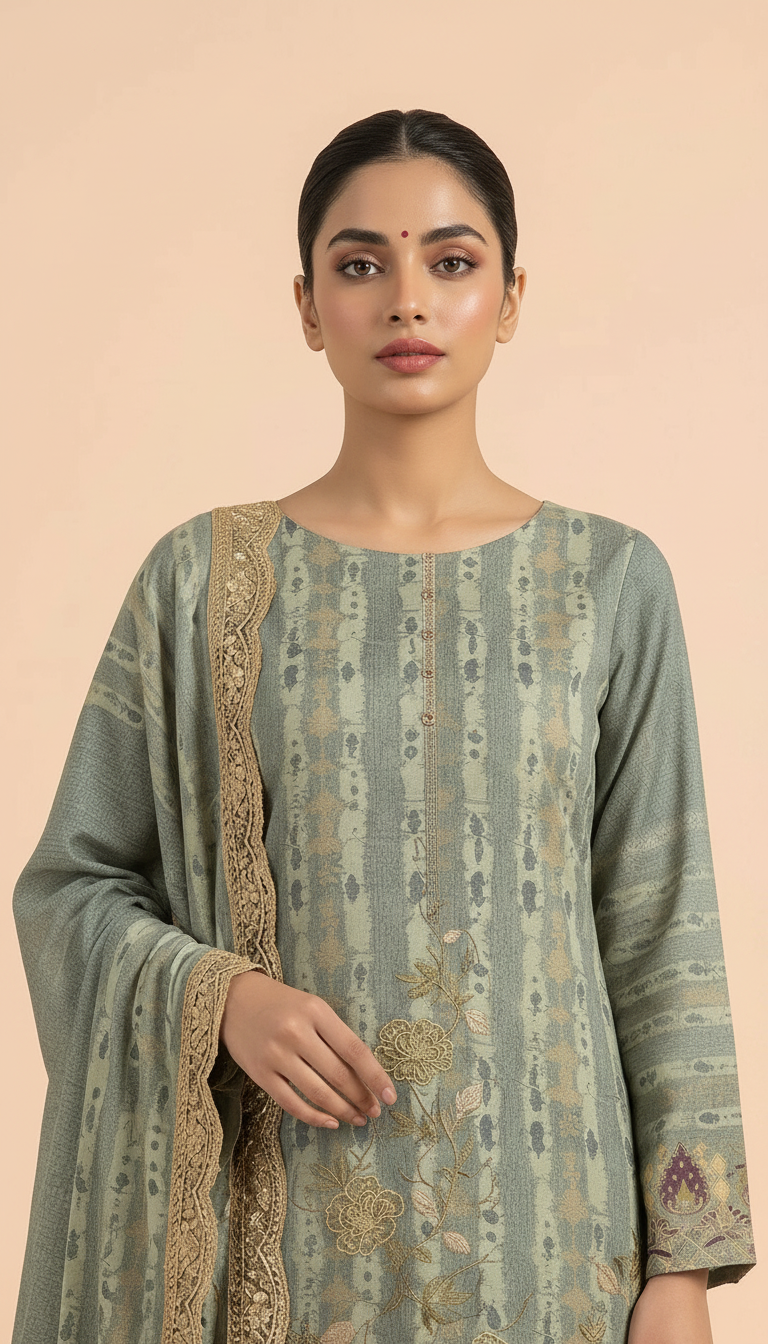 Muslim Silk Embroidered  Suit - Gry / HC002307 view 2