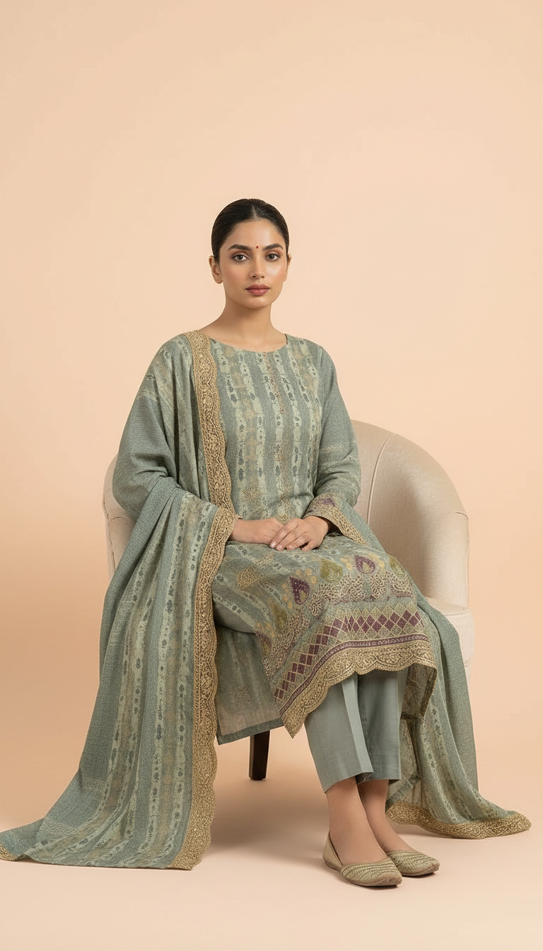 Muslim Silk Embroidered  Suit - Gry / HC002307 view 4