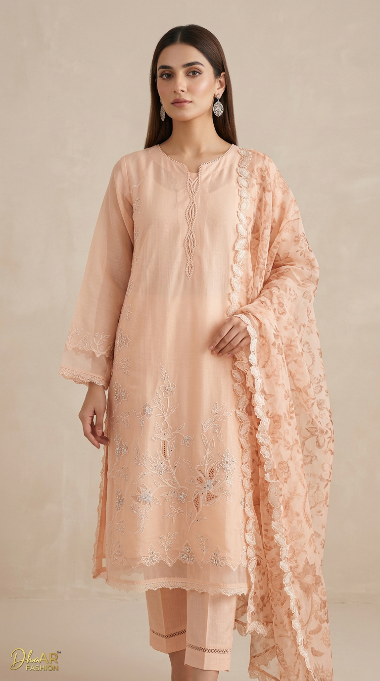 Lawn Cutwork Embroidered Stitch Suit - Blush Peach / DF0037 view 4