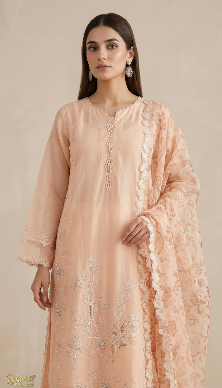 Lawn Cutwork Embroidered Stitch Suit - Blush Peach / DF0037 view 3