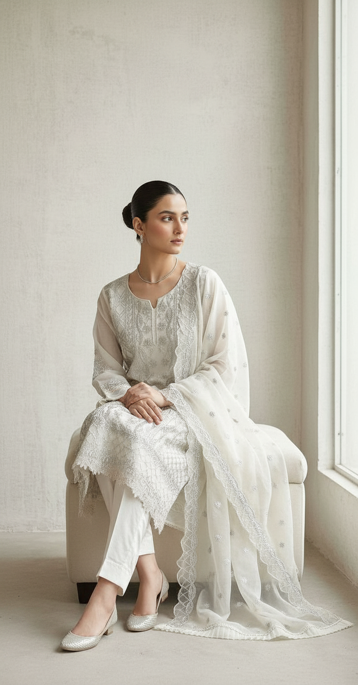 Heavy Embroidered Organza Stitch Suit - Off White  / DF0018 view 4