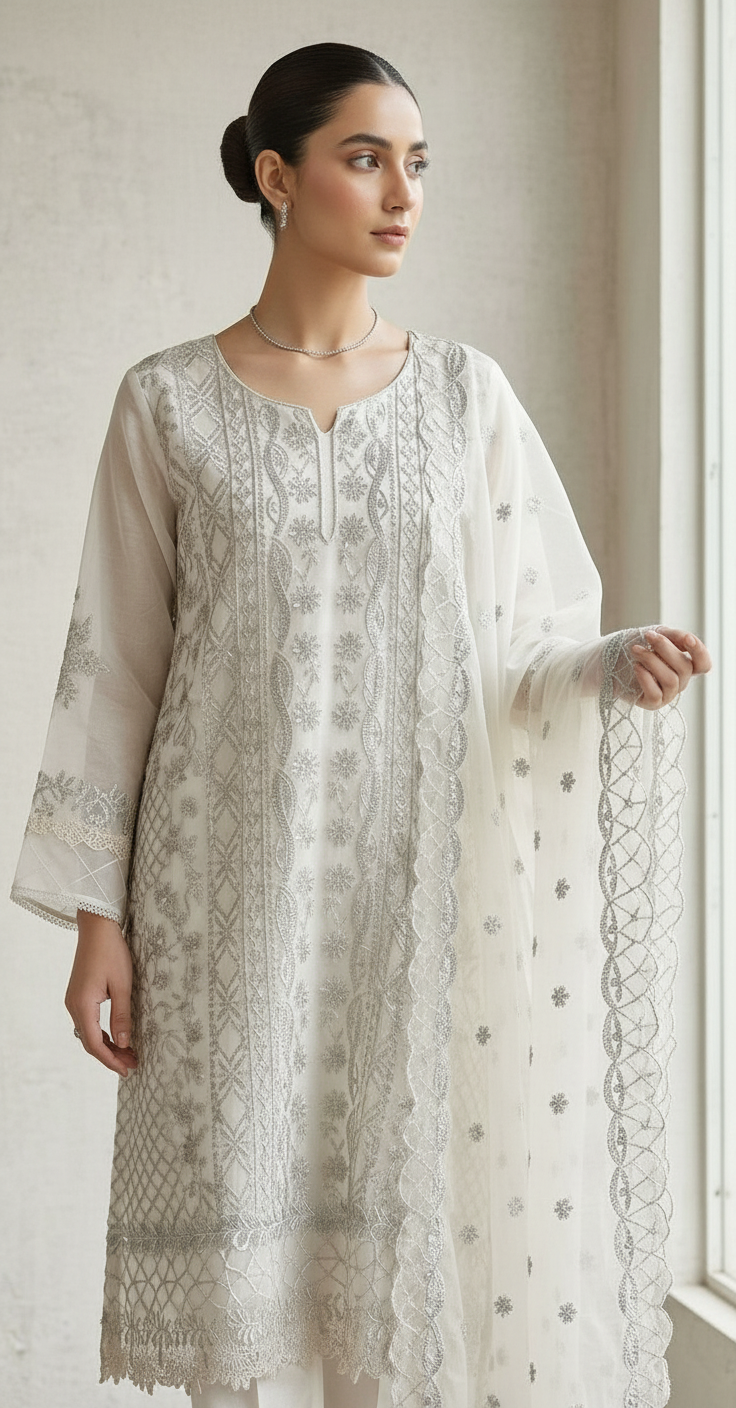 Heavy Embroidered Organza Stitch Suit - Off White  / DF0018 view 2