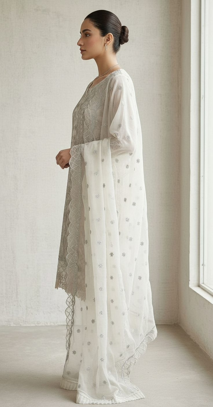 Heavy Embroidered Organza Stitch Suit - Off White  / DF0018 view 3