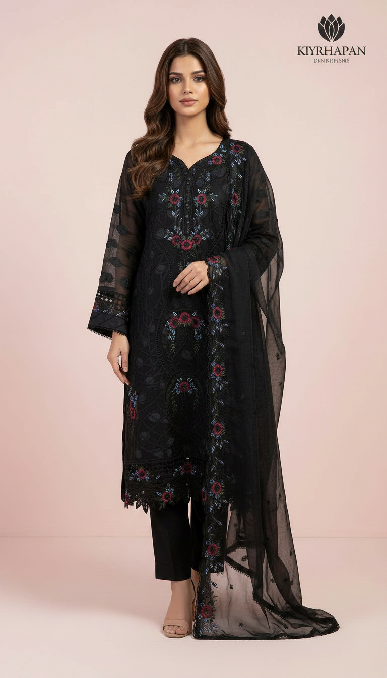 Heavy mbroidered Organza Stitch Suit - Black / DF0018 view 2