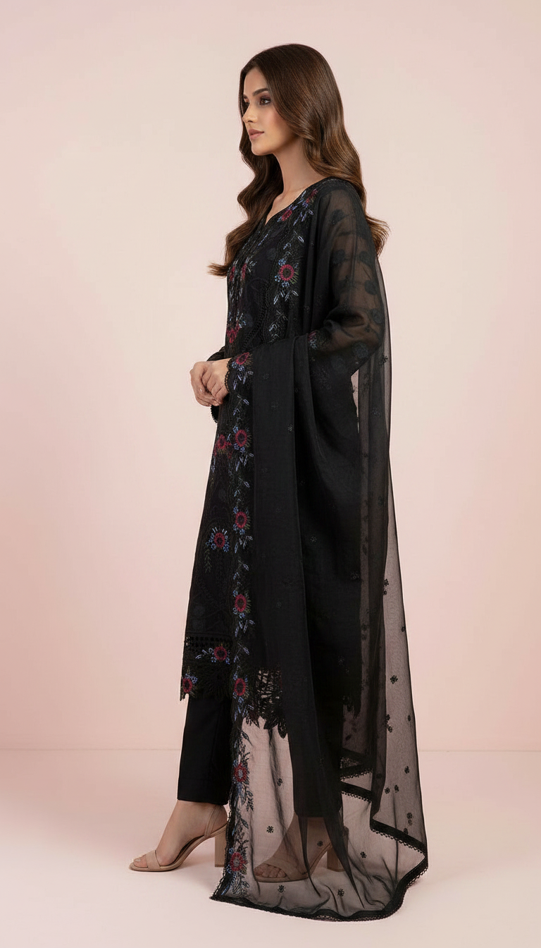 Heavy mbroidered Organza Stitch Suit - Black / DF0018 view 3