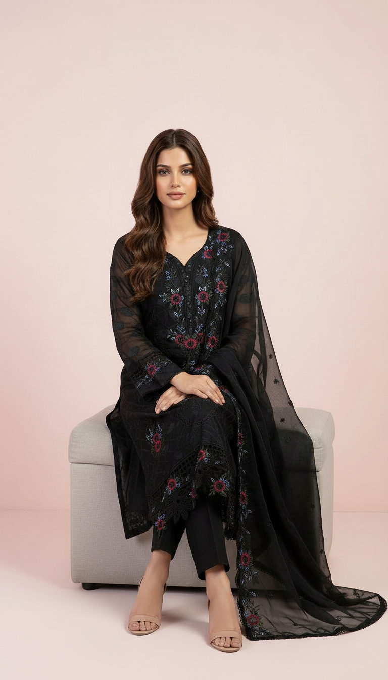 Heavy mbroidered Organza Stitch Suit - Black / DF0018 view 4