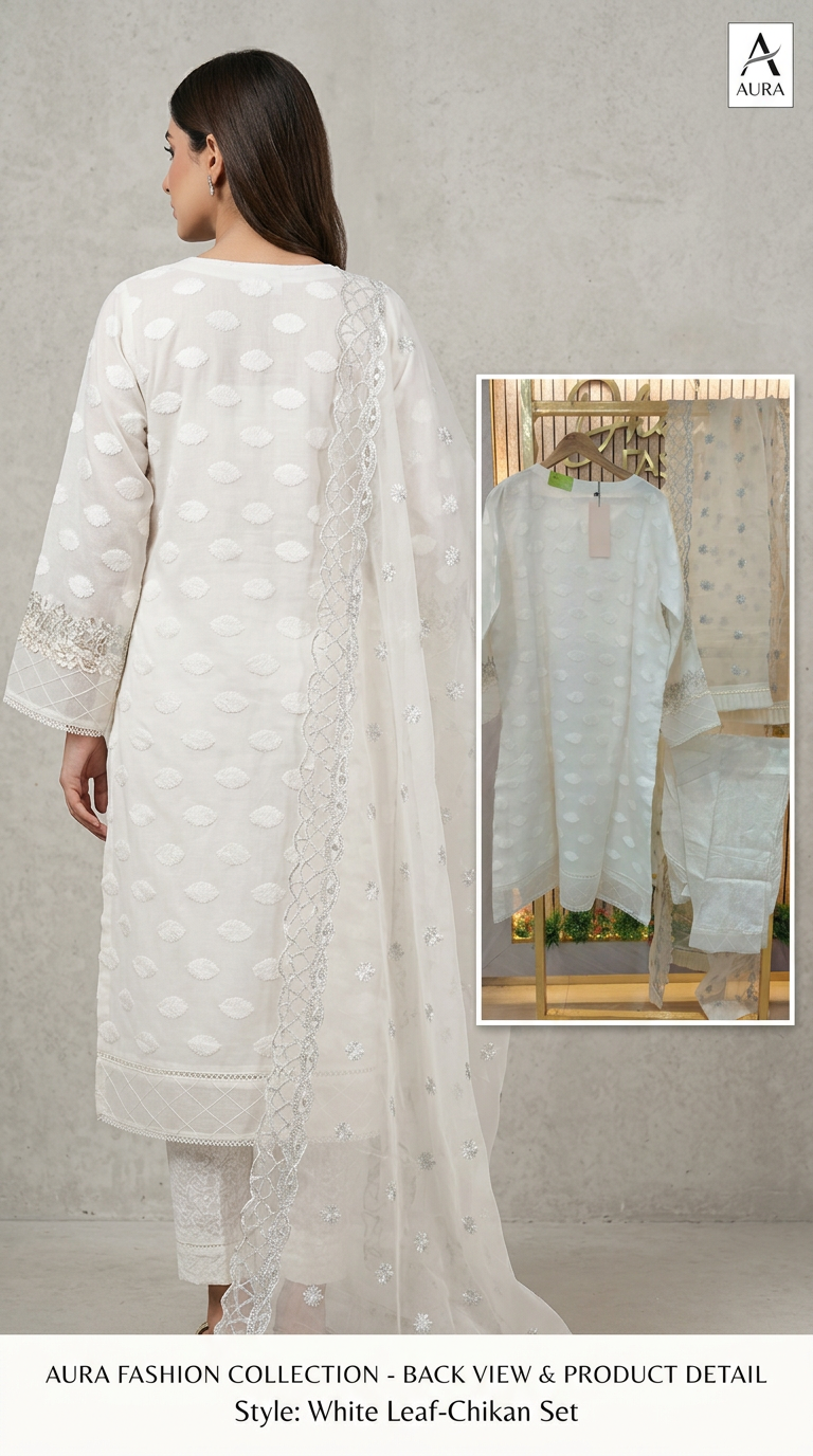 Heavy Embroidered Organza Stitch Suit - Off White  / DF0018 view 5