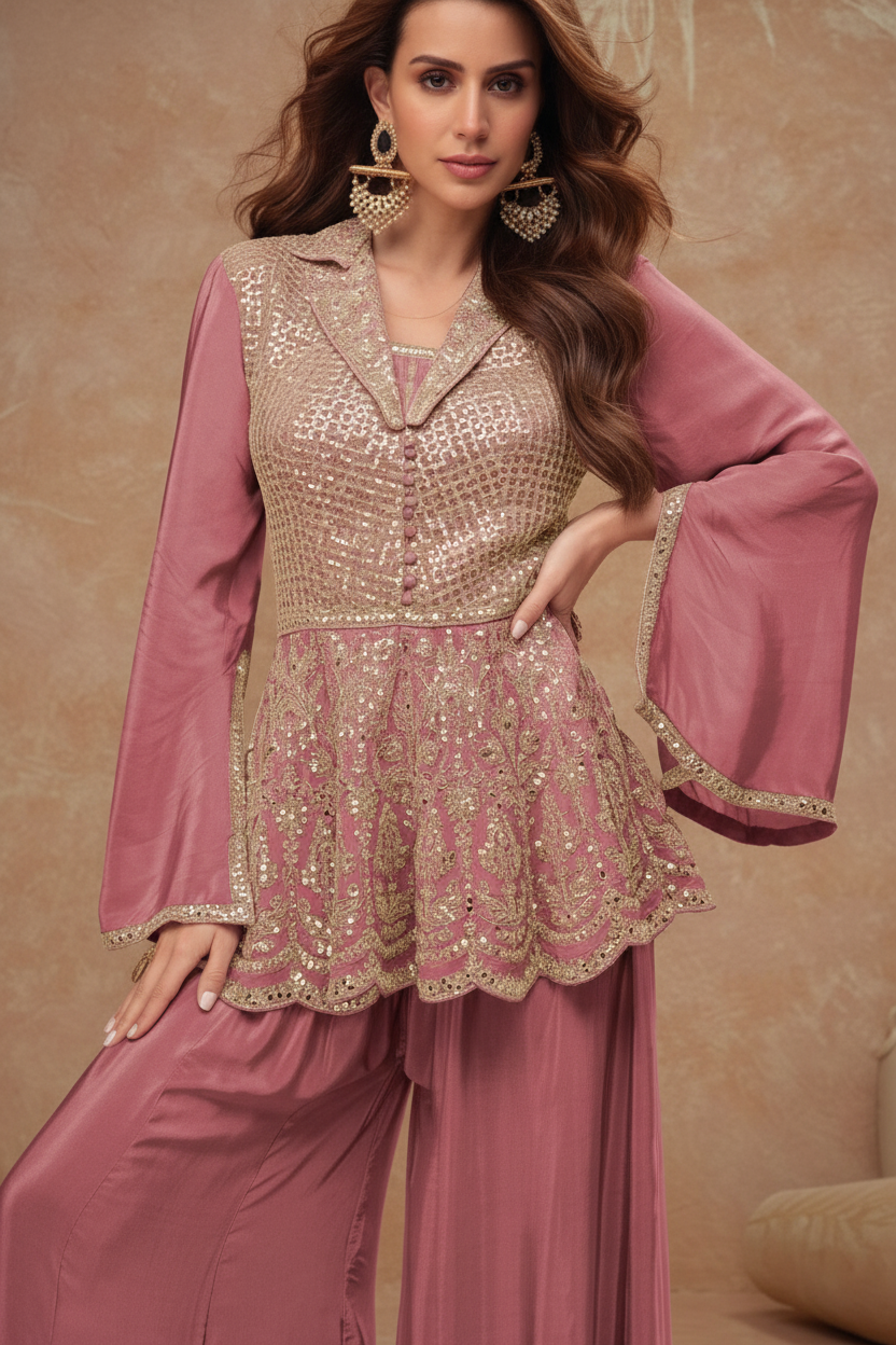 Heavy Sequence Work With Embroidered Flapper Suit Pink  7504 / HC002421 view 3