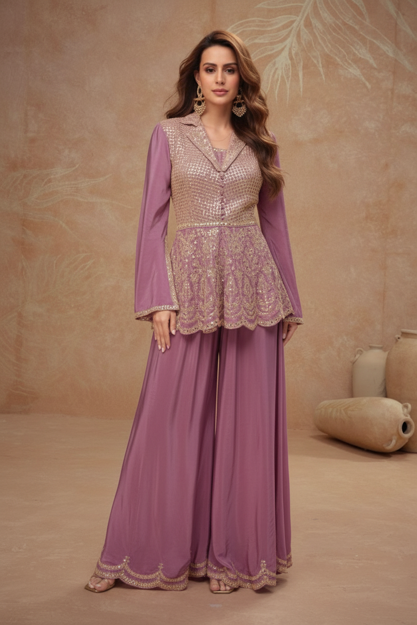 Heavy Sequence Work With Embroidered Flapper Suit Purple 7504 / HC002421 view 2