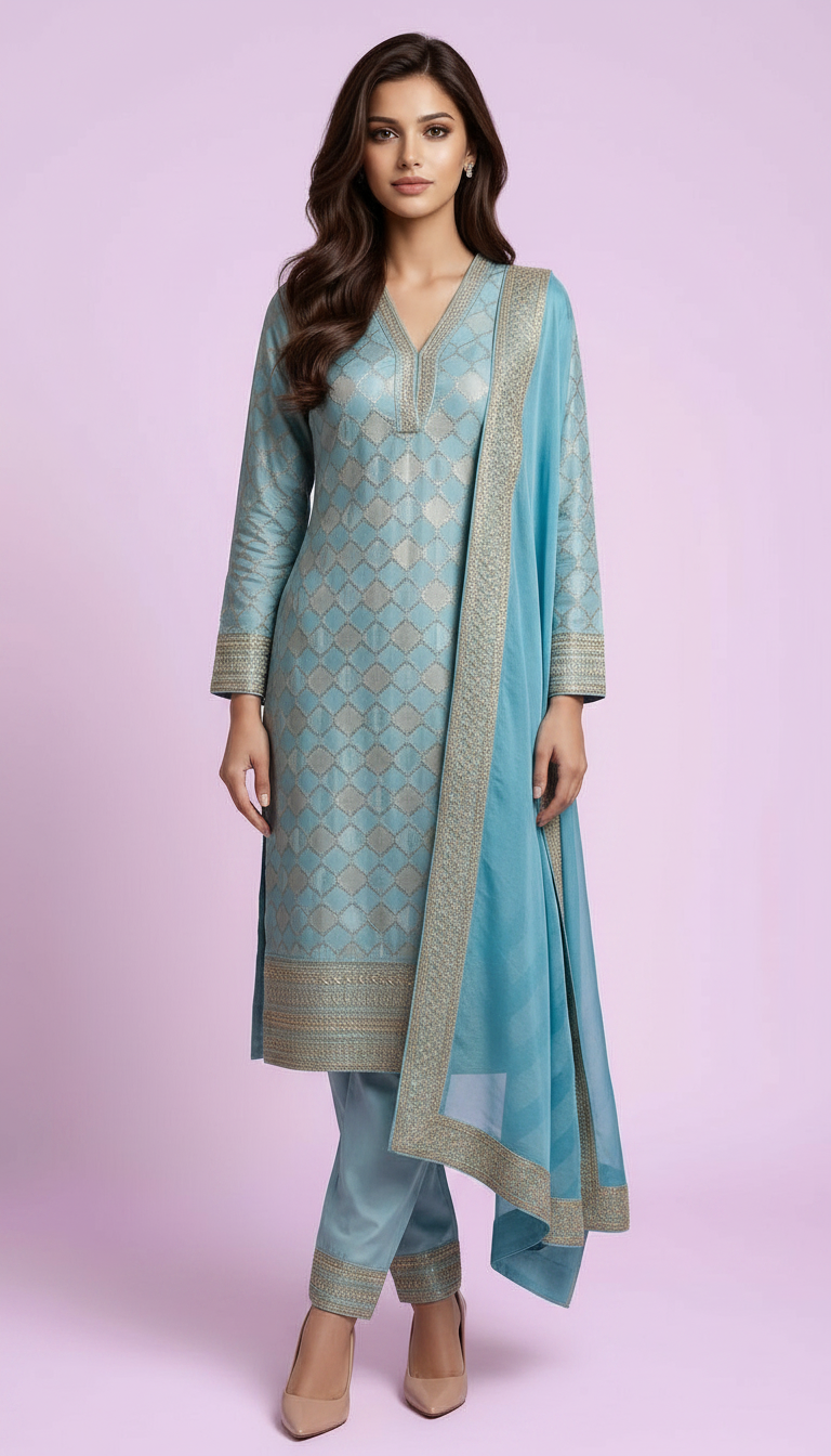 Silk Jacquard Work Stitch Suit - Light Blue 5572 / HC001530 view 5
