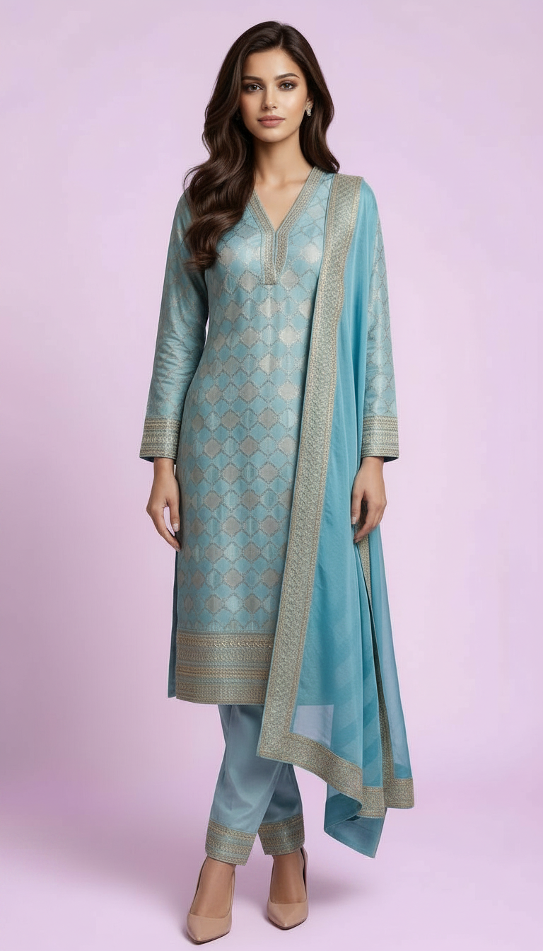 Silk Jacquard Work Stitch Suit - Light Blue 5572 / HC001530 view 2