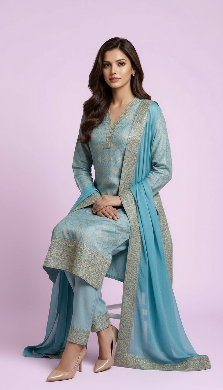 Silk Jacquard Work Stitch Suit - Light Blue 5572 / HC001530 view 4