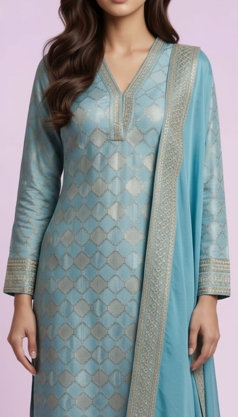 Silk Jacquard Work Stitch Suit - Light Blue 5572 / HC001530 view 3