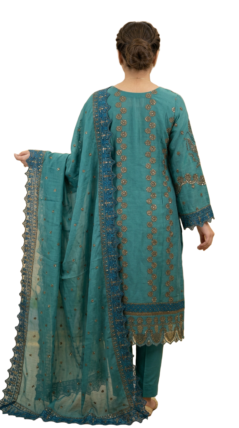 Emaan Adeel Luxury Chiffon Embroidered And Golden Sequence Work & Embroidery Stitch Suit  Aqua Blue view 4