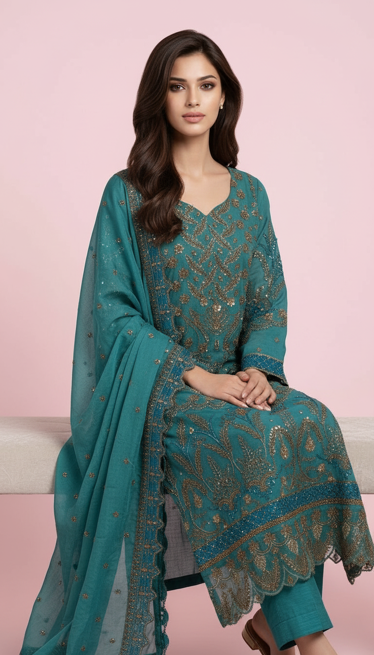 Emaan Adeel Luxury Chiffon Embroidered And Golden Sequence Work & Embroidery Stitch Suit  Aqua Blue view 3