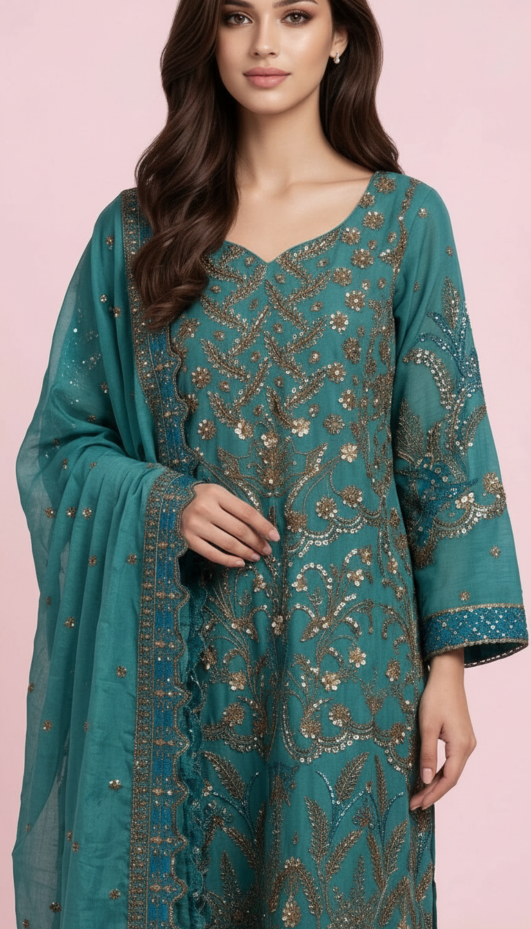 Emaan Adeel Luxury Chiffon Embroidered And Golden Sequence Work & Embroidery Stitch Suit  Aqua Blue view 2