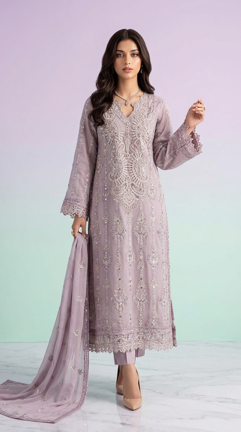 Emaan Adeel Luxury Chiffon Embroidered And Golden Sequence Work & Embroidery Stitch Suit  Lilac Pink view 2