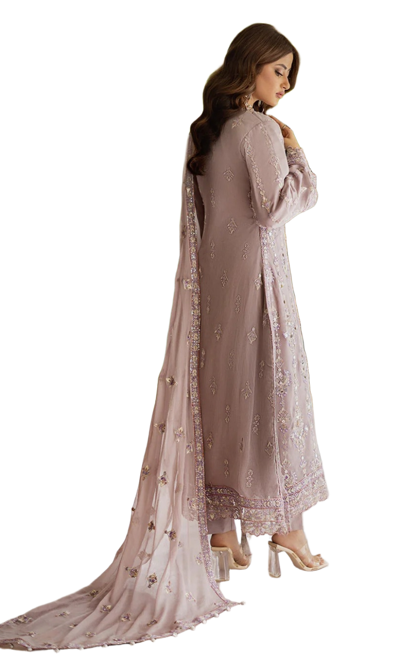 Emaan Adeel Luxury Chiffon Embroidered And Golden Sequence Work & Embroidery Stitch Suit  Lilac Pink view 3