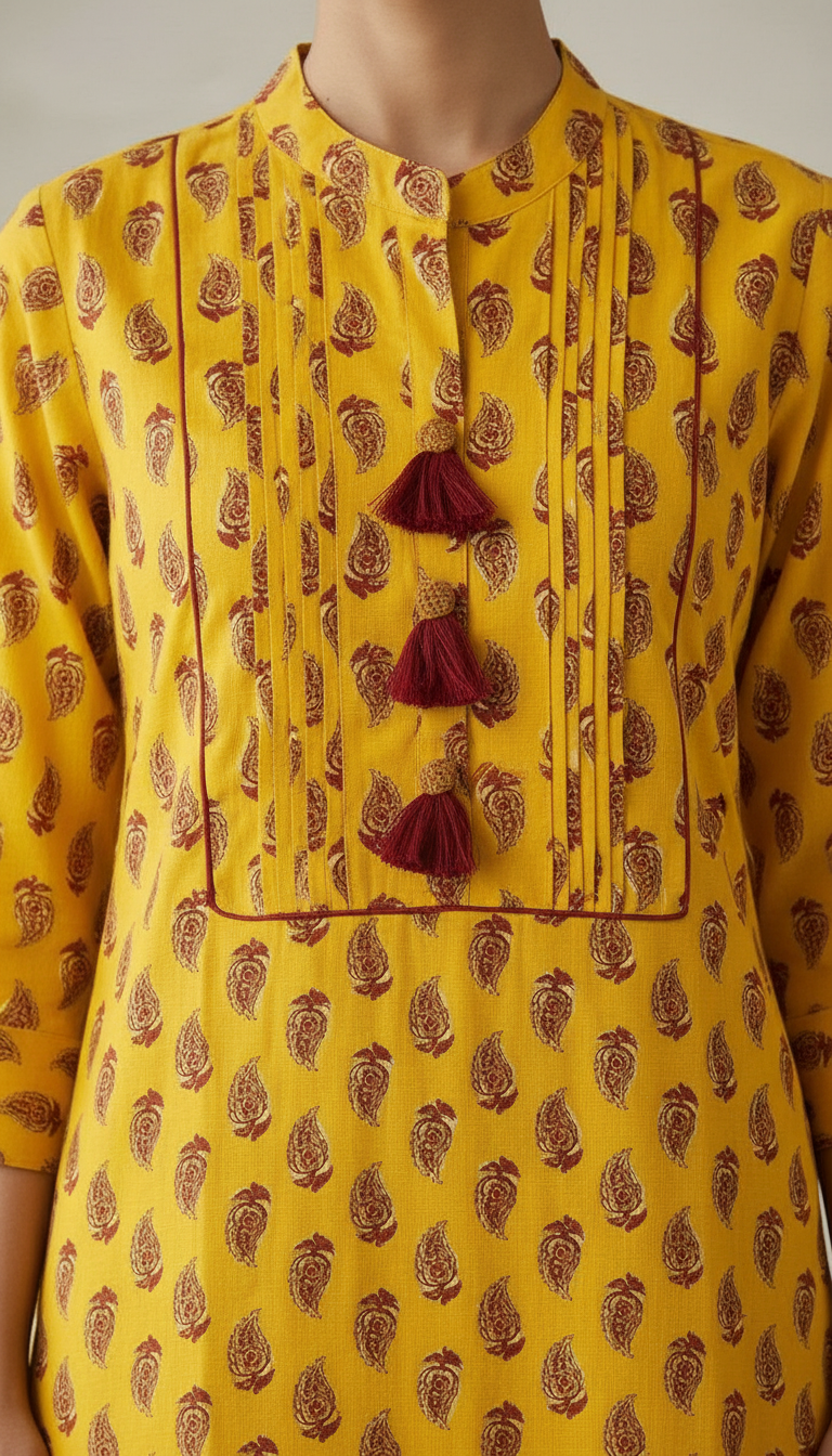 Printed Yellow Cotton Kurta view 3
